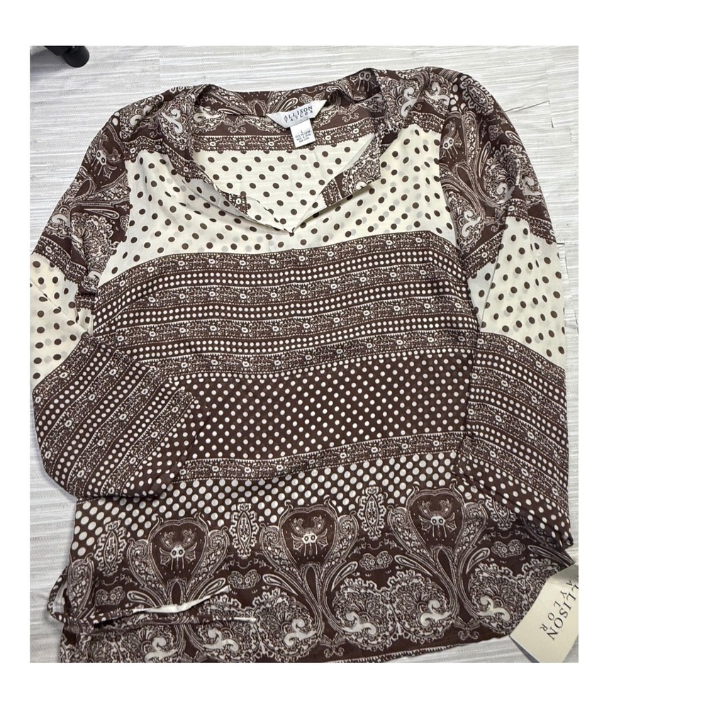 Allison Taylor Womens Large Brown Paisley Polka Dot Mixed Print Blouse NWT - Picture 2 of 8